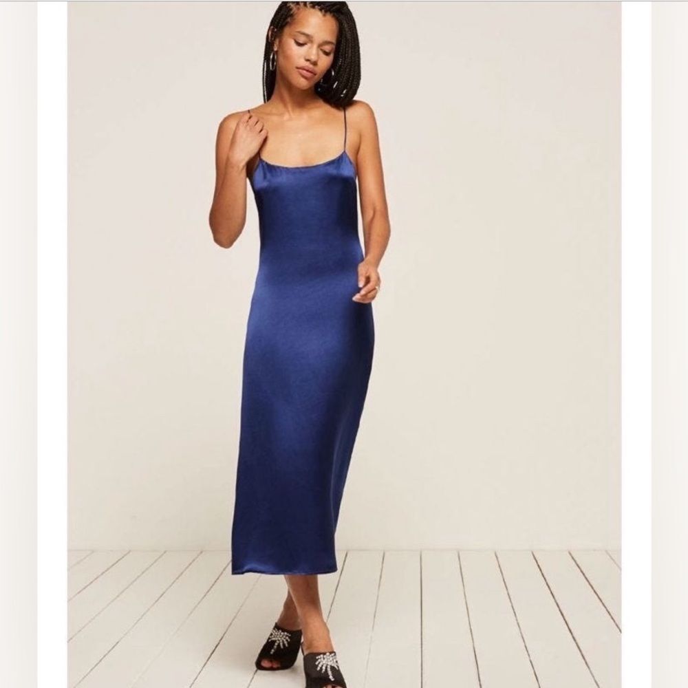 REFORMATION 100% Silk Charmuse Nori Dress Cami Blue Classic Minimalist Luxury